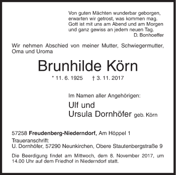 Traueranzeige von Brunhilde Körn von Siegener Zeitung