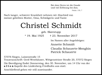 Traueranzeige von Christel Schmidt von Siegener Zeitung