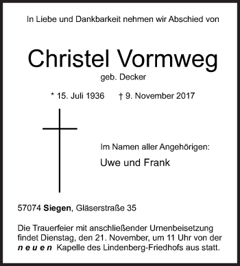 Traueranzeige von Christel Vormweg von Siegener Zeitung