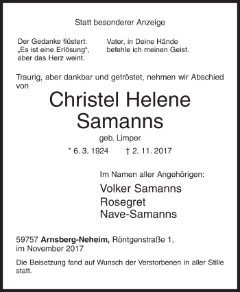 Traueranzeige von Christel Helene Samanns von Siegener Zeitung
