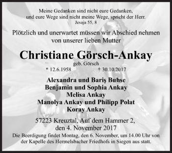 Traueranzeige von Christiane Görsch-Ankay von Siegener Zeitung