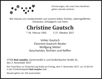 Traueranzeige von Christine Gautsch von Siegener Zeitung
