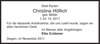 Traueranzeige von Christine Höflich von Siegener Zeitung