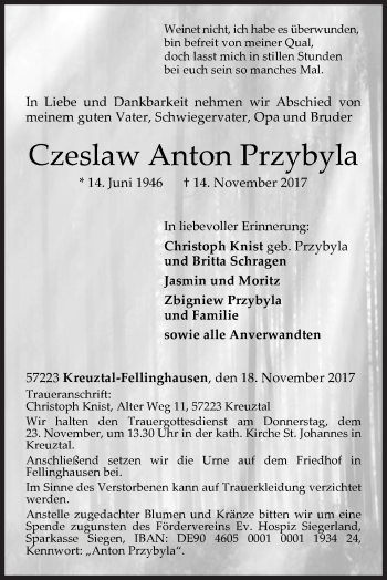 Traueranzeige von Czeslaw Anton Przybyla von Siegener Zeitung
