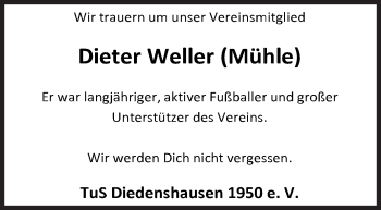 Traueranzeige von Dieter Weller von Siegener Zeitung