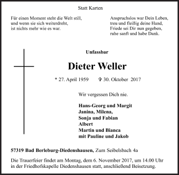 Traueranzeige von Dieter Weller von Siegener Zeitung
