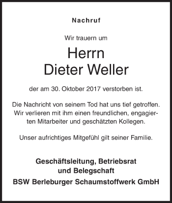 Traueranzeige von Dieter Weller von Siegener Zeitung
