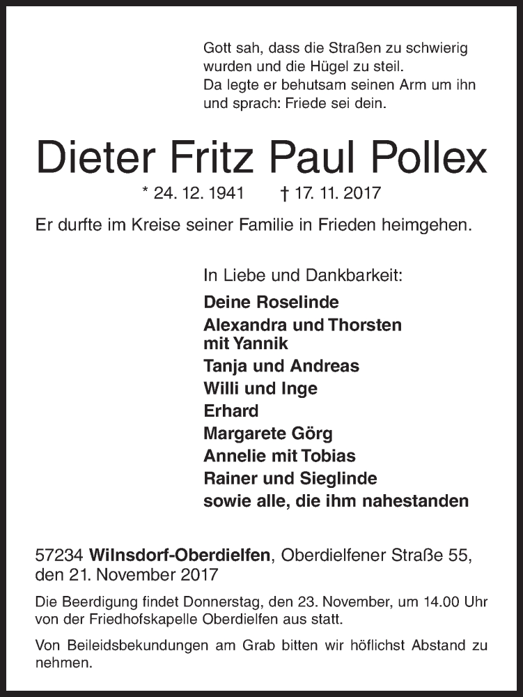  Traueranzeige für Dieter Fritz Paul Pollex vom 21.11.2017 aus Siegener Zeitung