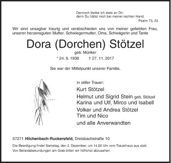 Traueranzeige von Dora Dorchen Stötzel von Siegener Zeitung