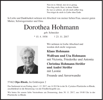 Traueranzeige von Dorothea Hohmann von Siegener Zeitung