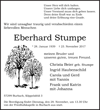 Traueranzeige von Eberhard Stumpe von Siegener Zeitung