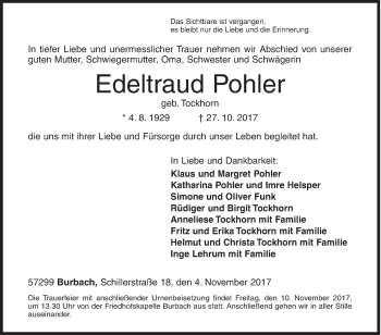 Traueranzeige von Edeltraud Pohler von Siegener Zeitung