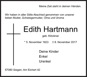 Traueranzeige von Edith Hartmann von Siegener Zeitung