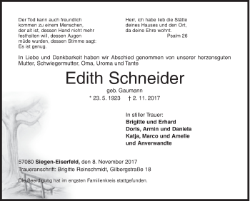 Traueranzeige von Edith Schneider von Siegener Zeitung