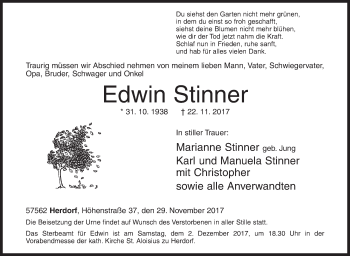 Traueranzeige von Edwin Stinner von Siegener Zeitung