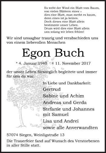 Traueranzeige von Egon Buch von Siegener Zeitung