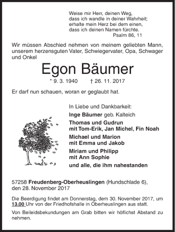 Traueranzeige von Egon Bäumer von Siegener Zeitung