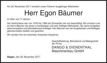 Traueranzeige von Egon Bäumer von Siegener Zeitung