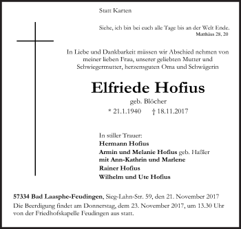 Traueranzeige von Elfriede Hofaus von Siegener Zeitung