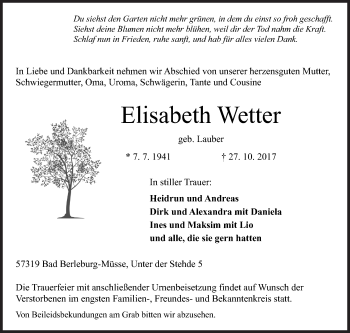 Traueranzeige von Elisabeth Wetter von Siegener Zeitung