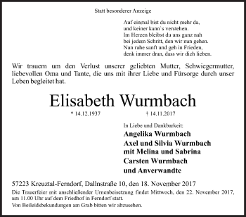 Traueranzeige von Elisabeth Wurmbach von Siegener Zeitung