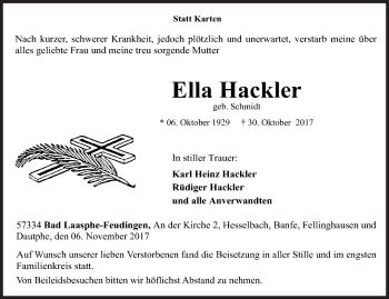 Traueranzeige von Ella Hackler von Siegener Zeitung