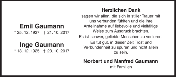 Traueranzeige von Emil und Inge Gaumann von Siegener Zeitung