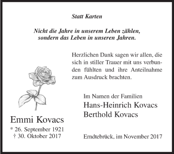 Traueranzeige von Emmi Kovacs von Siegener Zeitung
