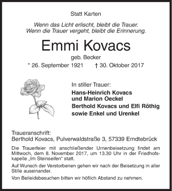 Traueranzeige von Emmi Kovacs von Siegener Zeitung