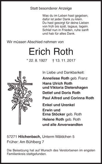 Traueranzeige von Erich Roth von Siegener Zeitung