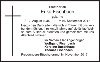 Traueranzeige von Erika Fischbach von Siegener Zeitung