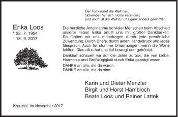 Traueranzeige von Erika Loos von Siegener Zeitung