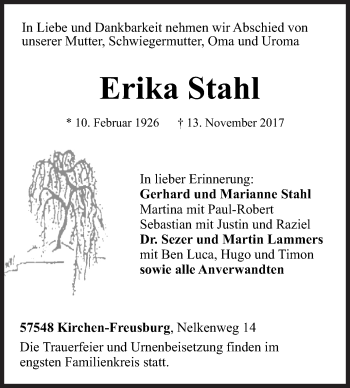 Traueranzeige von Erika Stahl von Siegener Zeitung