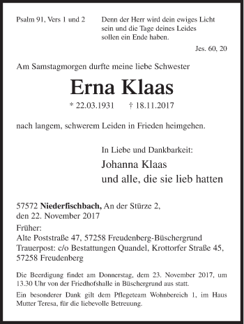 Traueranzeige von Erna Klaas von Siegener Zeitung