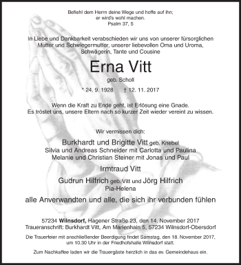Traueranzeige von Erna Vitt von Siegener Zeitung