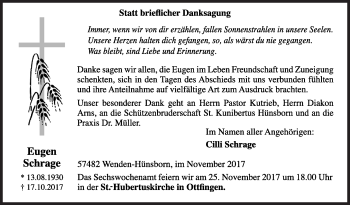 Traueranzeige von Eugen Schrage von Siegener Zeitung