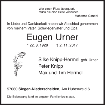 Traueranzeige von Eugen Urner von Siegener Zeitung