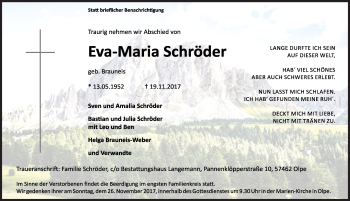 Traueranzeige von Eva-Maria Schröder von Siegener Zeitung
