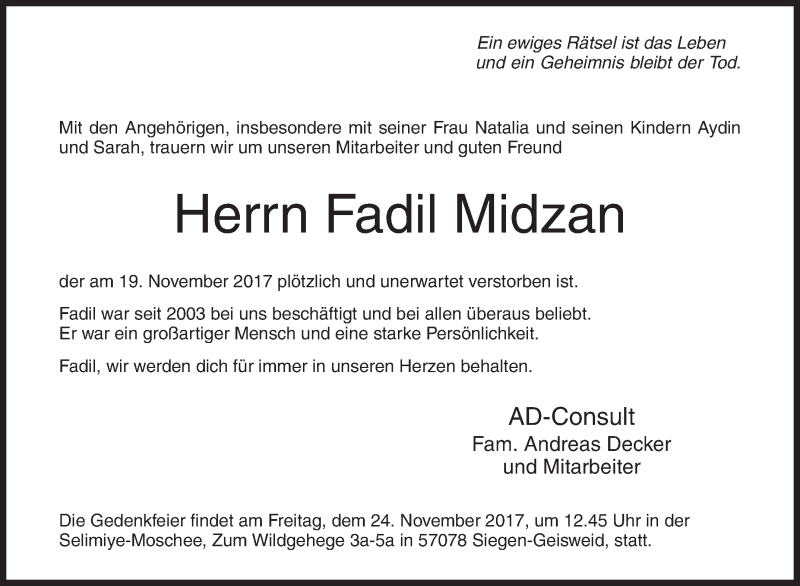  Traueranzeige für Fadil Midzan vom 23.11.2017 aus Siegener Zeitung