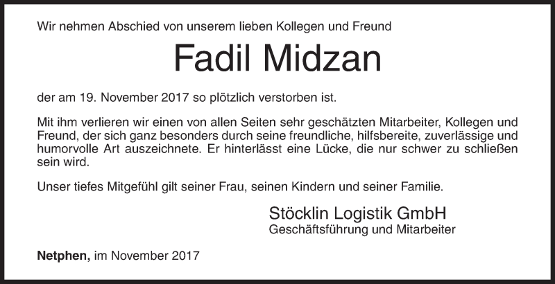 Traueranzeige für Fadil Midzan vom 23.11.2017 aus Siegener Zeitung