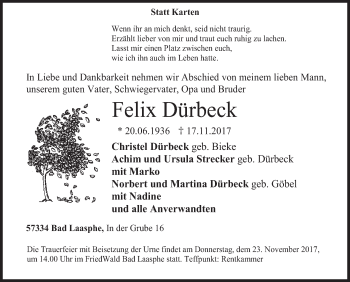 Traueranzeige von Felix Dürbeck von Siegener Zeitung