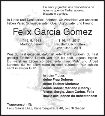 Traueranzeige von Felix Garcia Gomez von Siegener Zeitung