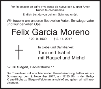 Traueranzeige von Felix Garcia Moreno von Siegener Zeitung