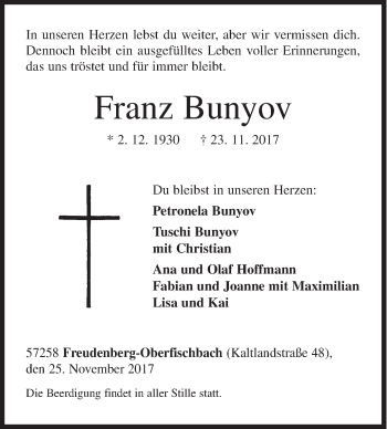 Traueranzeige von Franz Bunyov von Siegener Zeitung