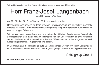 Traueranzeige von Franz-Josef Langenbach von Siegener Zeitung