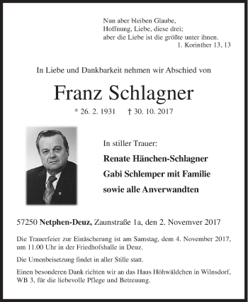 Traueranzeige von Franz Schlagner von Siegener Zeitung