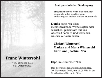 Traueranzeige von Franz Wintersohl von Siegener Zeitung