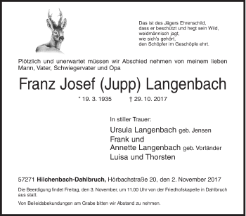Traueranzeige von Franz Josef Langenbach von Siegener Zeitung