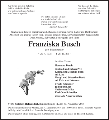 Traueranzeige von Franziska Busch von Siegener Zeitung