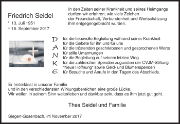Traueranzeige von Friedrich Seidel von Siegener Zeitung